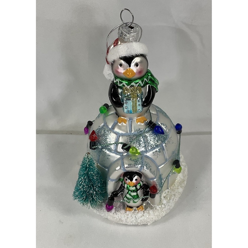 Christmas Penguin With Present On Igloo Glass Ornament